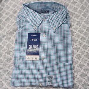New Izod white blue plaid shirt size M 15 15.5 34-35